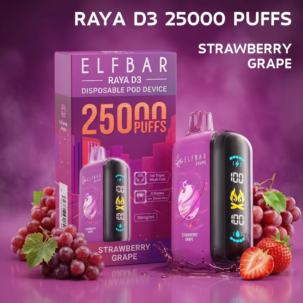 ELFBAR RAYA D3 25000 disposable vape - Strawberry Grape flavour